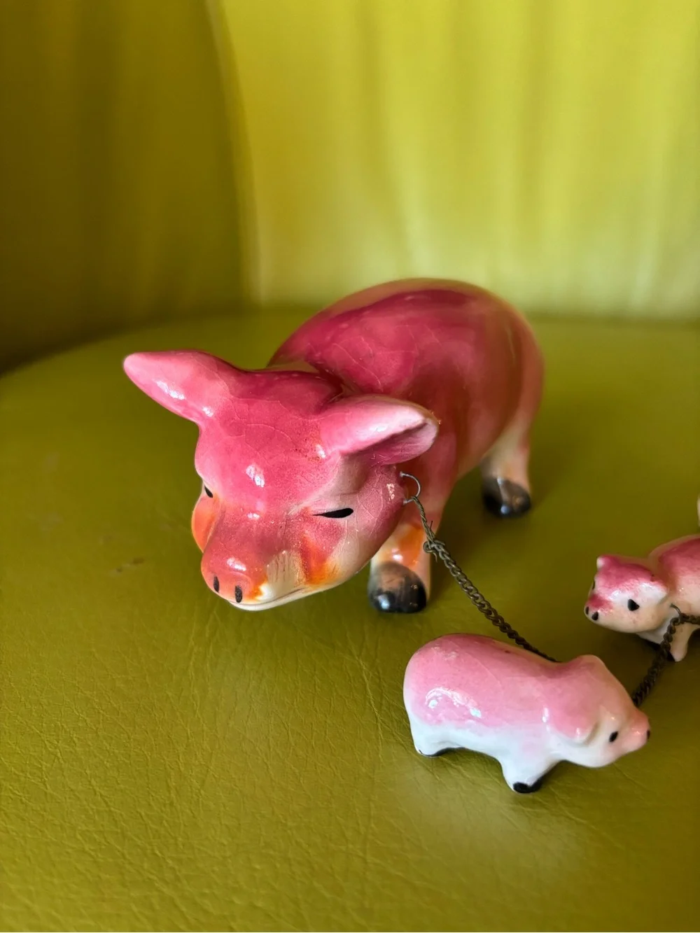 Vintage Porcelain Mama Pig & 7 Piglets on Chain Figurine Farm Animal Family